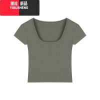 YIBUSHENG美式复古U领辣妹灰色短袖T恤女季短款紧身显瘦露脐黑色正肩上衣