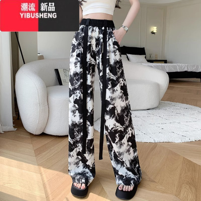 YIBUSHENG设计感飘带休闲裤女季水墨画高腰垂感阔腿裤小雏菊宽松直筒裤子