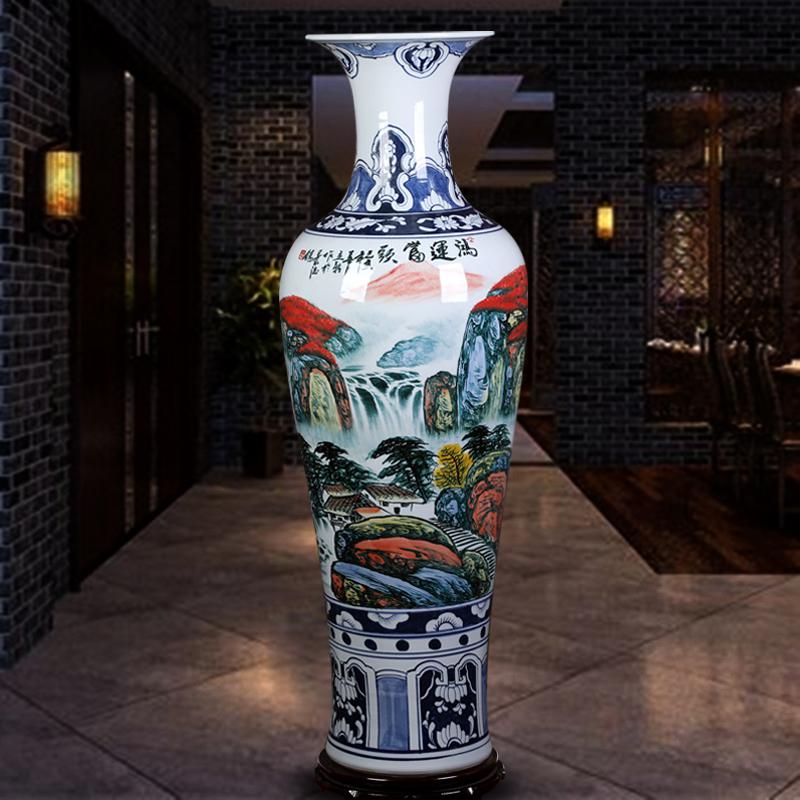 景德镇陶瓷大花瓶手绘青花山水新房乔迁客厅酒店装饰落地摆件 三维工匠 鸿运当头山水1.2米