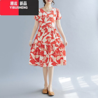 YIBUSHENG小碎花棉绸连衣裙女中长款拼接抽绳遮肉显瘦休闲季外穿薄款妈妈