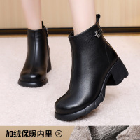 圆头粗跟短靴女25冬季新款牛皮短靴中跟侧拉链靴复古百搭短筒棉