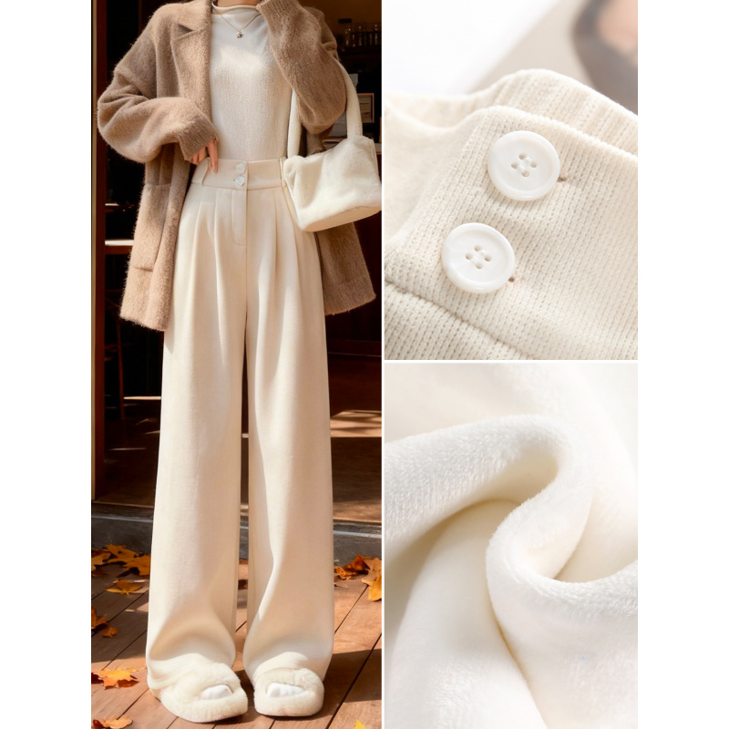 白色灯芯绒阔腿裤子女新款秋冬季高腰垂感窄版加绒直筒西装裤