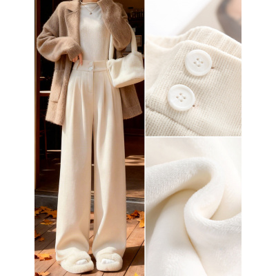 白色灯芯绒阔腿裤子女新款秋冬季高腰垂感窄版加绒直筒西装裤