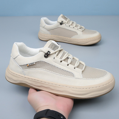 夏季新款男鞋真皮网面板鞋男款透气厚底运动休闲鞋男士小白鞋