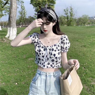 夏季新款法式小众设计感碎花短款修身显瘦短袖衬衫上衣女学生威珺