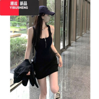 YIBUSHENG纯欲黑色吊带背心连衣裙女装季新款收腰显瘦拉链修身包臀短裙子