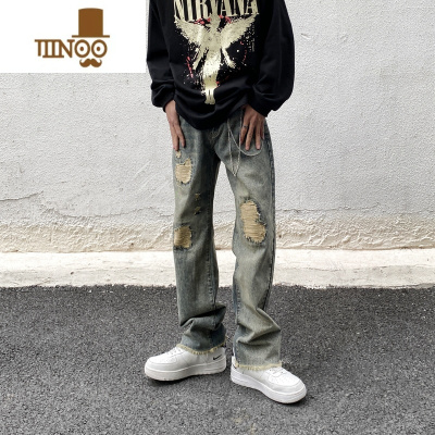 YANXU非潮勿近高街美式复古水洗黄泥破洞牛仔裤男宽松直筒嘻哈潮牌裤子
