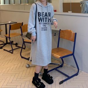 冬季加绒加厚过膝长裙胖MM宽松连帽卫衣裙女复古港风开叉裙子