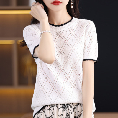 夏季女装上衣镂空针织短袖棉质女T恤女圆领背心拼色勾花
