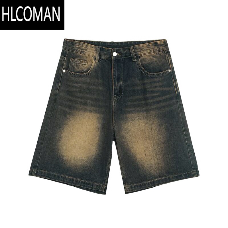 HLCOMAN 小众做旧水洗高级牛仔短裤男夏季显瘦直筒五分裤复古中裤
