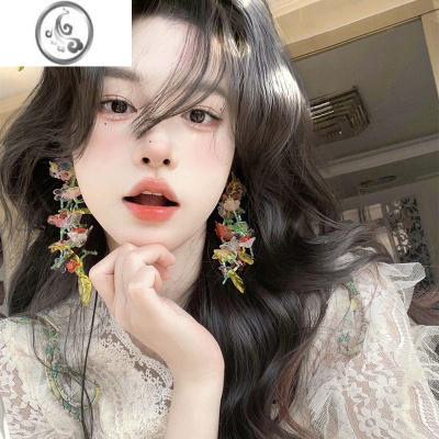 JiMiS925银针手工编织长款花朵流苏耳环欧美夸张花卉耳坠ins耳饰女