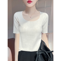 2025年新款夏季中袖T恤女U领女气质休闲时尚纯色薄款上衣