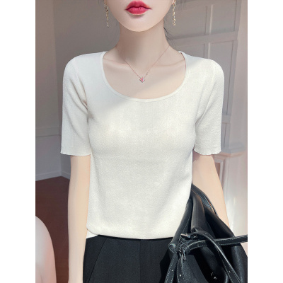2025年新款夏季中袖T恤女U领女气质休闲时尚纯色薄款上衣