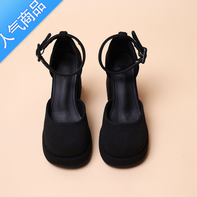 SUNTEK圆头玛丽珍鞋女夏季外穿2023新款粗跟气质粉色高跟鞋不累脚