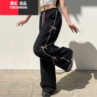 YIBUSHENG冰丝速干工装阔腿裤女季薄款美式宽松束脚蝴蝶结直筒休闲裤长裤