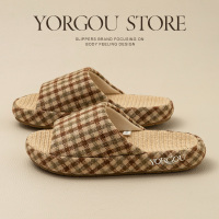 远港格子亚麻拖鞋女春夏季2024新款室内吸汗家居家用牛筋底防滑男四季