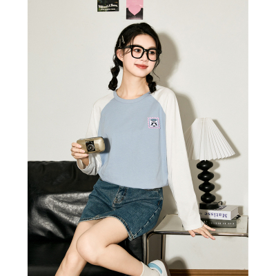 [3件8.5折84.9元,叠加优惠券]唐狮春季新款女长袖T恤圆领撞色拼接青春校园百搭内搭打底衫
