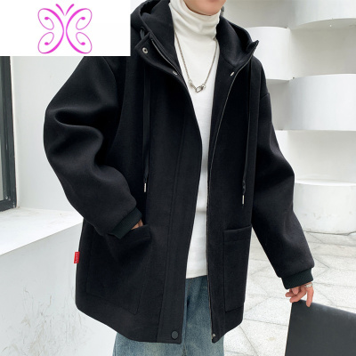 YUANSU男士毛呢外套冬季加厚夹棉呢子韩版连帽风衣港风百搭中长款大衣潮风衣
