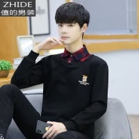 SUNTEK春秋季卫衣男棉衬衫领韩版修身潮流青少年初中学生带领子假两件卫衣