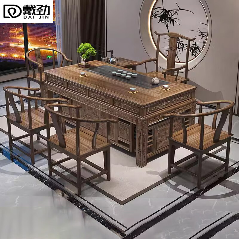 戴劲新中式茶桌椅组合办公室泡茶台现代家用喝茶桌1.8单1官帽4围+茶水