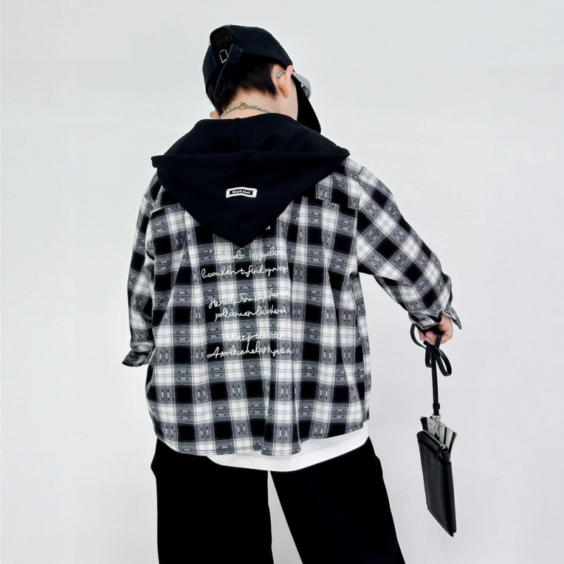 男童春秋款衬衣外套2026新款中大童春装男孩春季儿童连帽格子衬衫