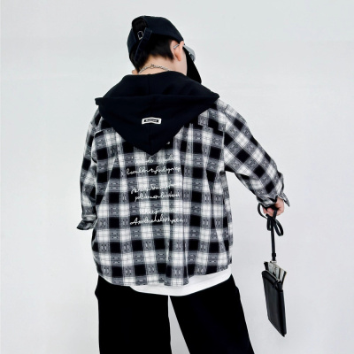 男童春秋款衬衣外套2026新款中大童春装男孩春季儿童连帽格子衬衫