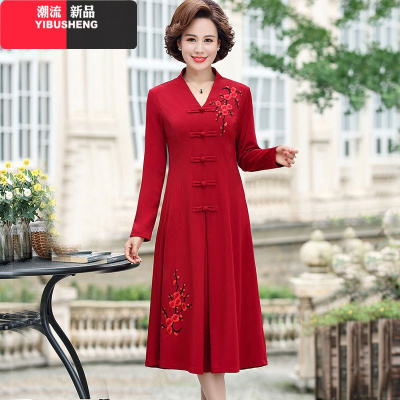 YIBUSHENG妈妈春装连衣裙子过膝2021新款春秋50岁中年女装阔太太结婚宴礼服妈妈装