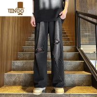 YANXU黑灰色破洞牛仔裤男美式vibe高街嘻哈水洗做旧潮牌宽松直筒裤子男