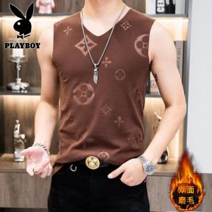 花花公子新款德绒压花背心冬季保暖内衣男士磨毛弹力紧身打底上衣