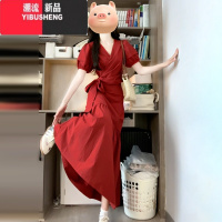 YIBUSHENG红色泡泡袖连衣裙子女装季2024新款法式气质绝美高级感套装长裙