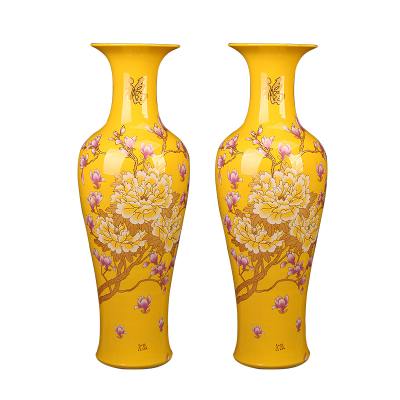艺锦蓝国产地中海景德镇陶瓷软陶牡丹1米1.2米1.4米1.6米1.8米落地大花瓶客厅摆件公司酒店开业礼品黄1.4m