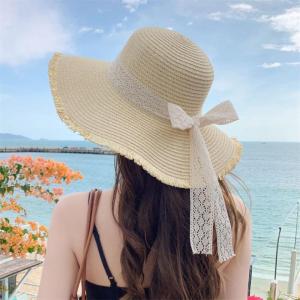 夏季新款帽子女丝带蝴蝶结大檐草帽户外旅游防晒遮阳帽沙滩太阳帽