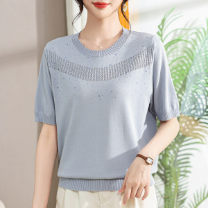 夏季妈妈装洋气针织衫圆领套头款女士休闲中老年衣服夏款薄款小衫
