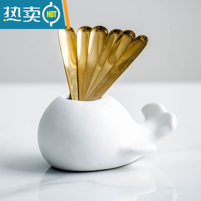 敬平鲸鱼陶瓷罐果叉套装创意可爱北欧风格叉子家用不锈钢水果签果插 白色鲸鱼罐一个+6根圆圆叉