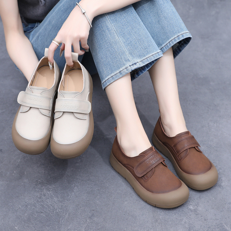 25秋季新款真皮女单鞋厚底软底手工复古舒适博肯搭扣透气女乐福