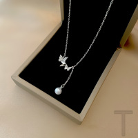 s925纯银温柔蝴蝶吊坠项链女小众设计感流苏珍珠锁骨链项饰品批发送女朋友老婆情人节七夕生日礼物