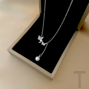 s925纯银温柔蝴蝶吊坠项链女小众设计感流苏珍珠锁骨链项饰品批发送女朋友老婆情人节七夕生日礼物 白金色