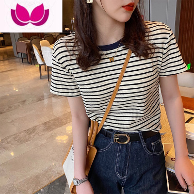 七斓条纹短袖t恤女夏季2023新款宽松设计感小众短款正肩上衣ins潮