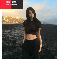 YIBUSHENG黑色正肩短袖t恤女2024年新款季内搭修身显瘦短款辣妹上衣