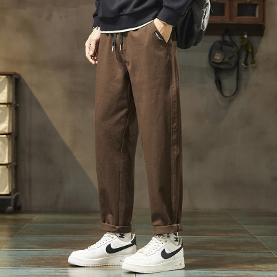 男士宽松锥形休闲裤棕色抽绳设计裤肌理感面料春夏透气舒适裤