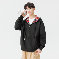 美式格子开衫卫衣男春秋季新款宽松连帽上衣情侣潮牌衣服拉链外套