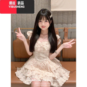 YIBUSHENG法式甜美小飞袖碎花连衣裙女季小个子蝴蝶结收腰在逃公主蓬蓬裙