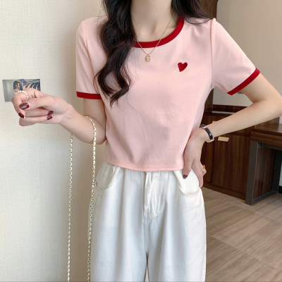 [2.5折价49.9元,叠加优惠券]撞色圆领短袖T恤女短款唐狮夏季新款粉色内搭小衫韩版ins风x