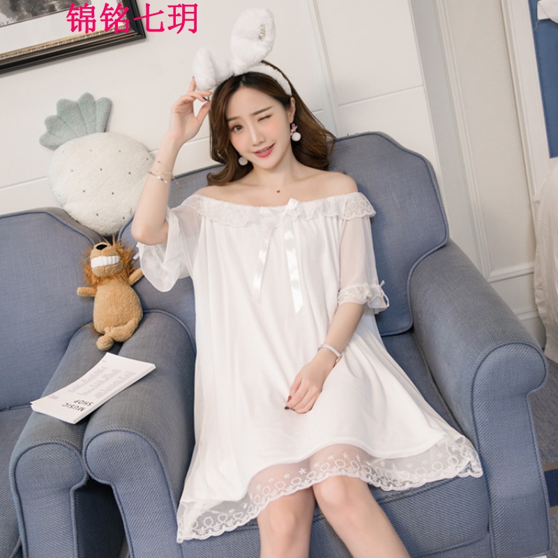 锦铭七玥2018夏季公主风女士花边五分中袖女士棉居睡裙