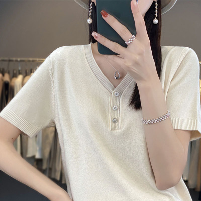 冰丝透气夏季新款女士套头上衣v领短款显瘦气质百搭针织衫