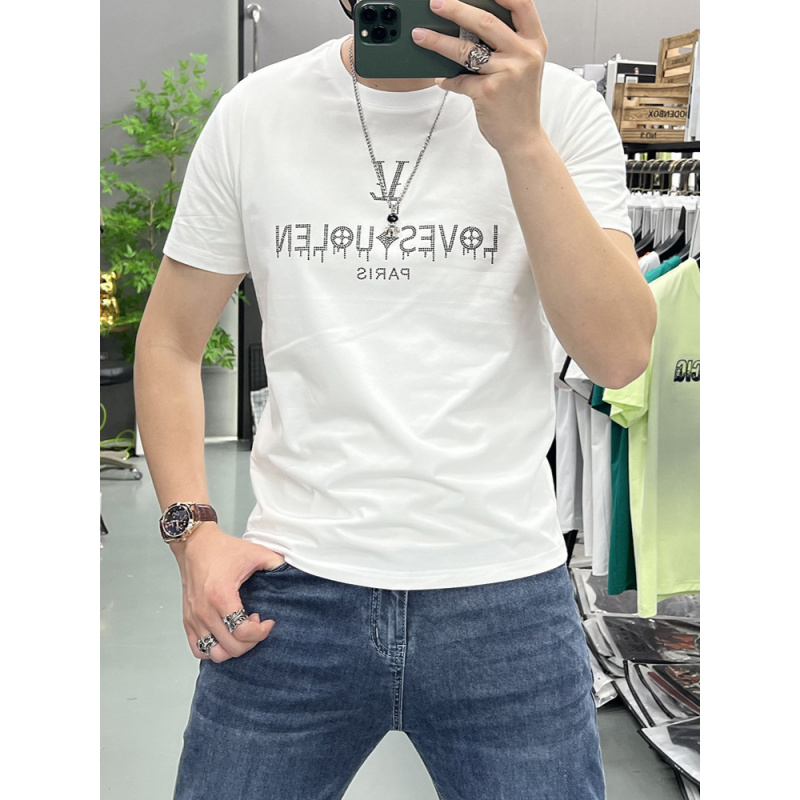个性潮牌烫钻字母T恤夏季圆领修身短袖潮流休闲新款欧货T恤上衣男
