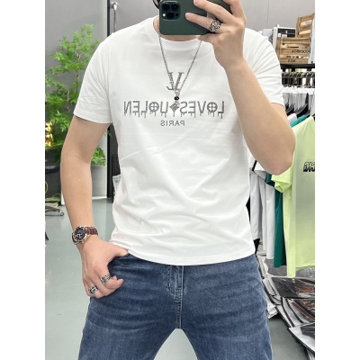 个性潮牌烫钻字母T恤夏季圆领修身短袖潮流休闲新款欧货T恤上衣男