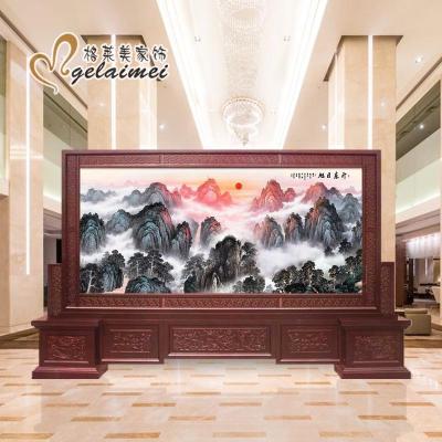 BONJEAN中式实木刻屏风隔断客厅办公室酒店公司大厅山水迎客松屏风