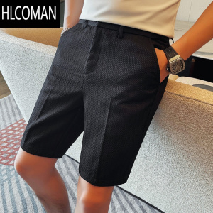 HLCOMAN松紧腰华夫格短裤男夏季新款高端商务休闲百搭时尚五分西装裤