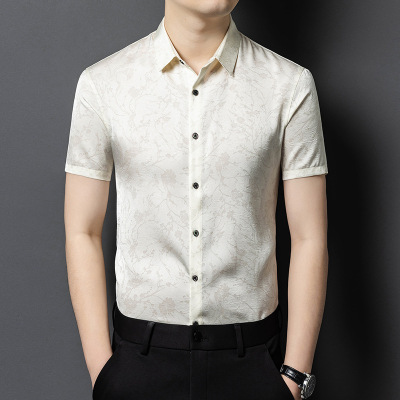 中年短袖衬衫男士夏季新款商务休闲高品质绸缎半袖爸爸装时尚衬衣